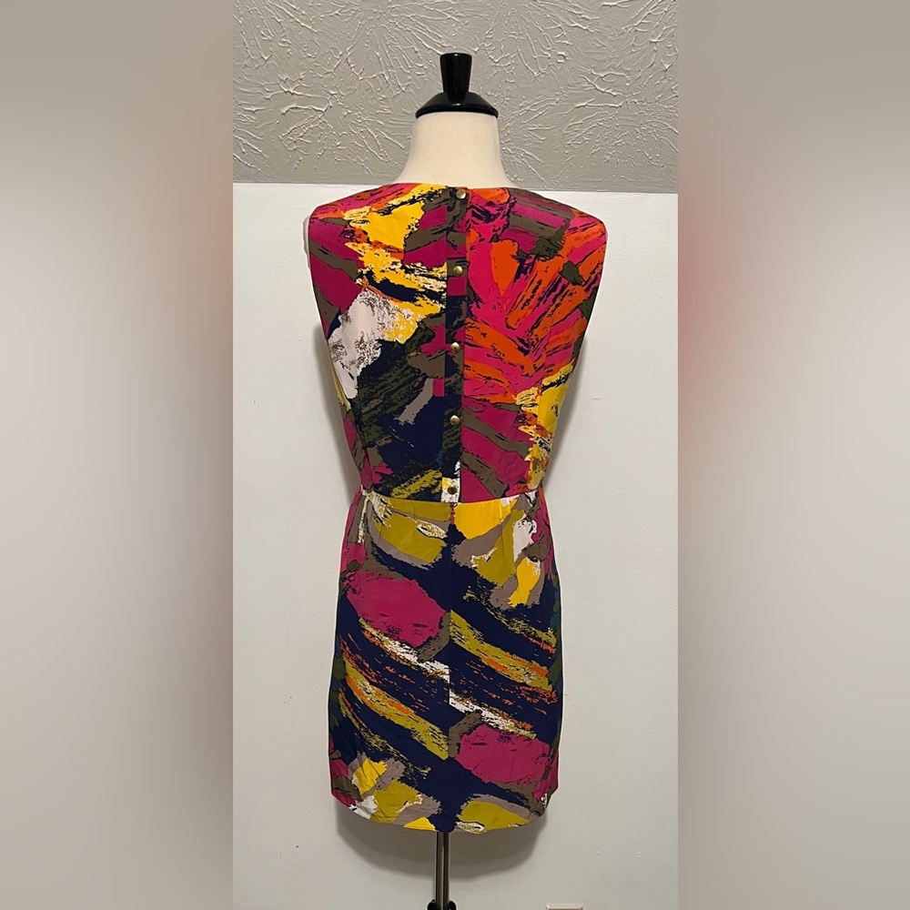 Tibi New York Silk Abstract Print Mini Dress Button Shoulder - Picture 6 of 11